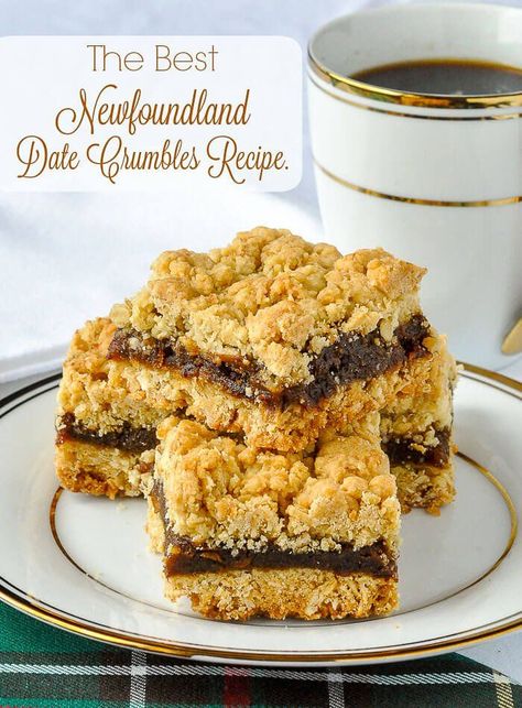 Newfoundland Date Crumbles (or Date Squares) is a recipe every local family knows and loves. The secret is having the right proportion of butter in the crumble and this recipe gets it just right. #cookies #christmas #cookiebars #christmascookies #chirstmasbaking #holidaybaking #holidayfood Newfoundland Recipes, Date Squares, Rock Recipes, Square Recipes, Crumble Recipe, Canadian Food, Cookies Christmas, Newfoundland, Holiday Baking