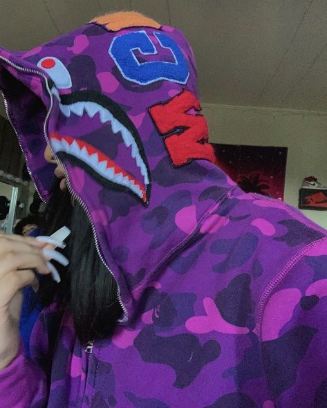 Purple Bape Hoodie Outfit, Purple Bape Jacket, Bape Jacket, Bape Outfits, Bape Shark, Bape Hoodie, Thats All, Shark Hoodie, Estilo Swag