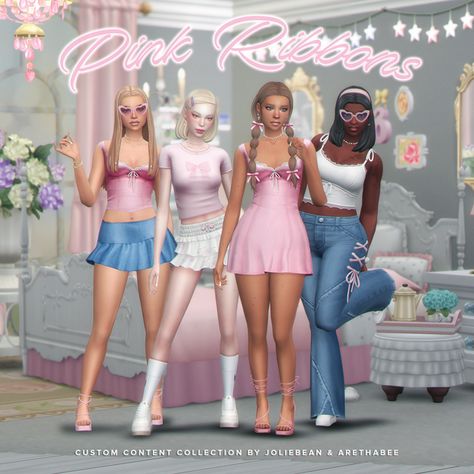 pink ribbons collection by arethabee & joliebean (early access) | Patreon Sims Outfits, Ts4 Clothes, Sims Clothes, Pelo Sims, Cheat Codes, Sims Ideas, Packing Clothes, Sims 4 Dresses, Sims 4 Mm