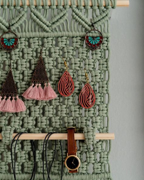 Say hello to the Macrame Jewelry Storage, the boho decor superstar that’s got your earrings hanging out in style! Perfect for treating yourself or gifting to her, this earring holder will make your jewelry organization game stronger than your morning coffee! 👉 Check out more at https://beandaikon.etsy.com/listing/1656552082 or contact us directly! #bohodecoration #handmadeitems #macramewallart #homedecorinspiration #bohovibes #homedecoratingideas #handmadegiftideas #bohemianvibes #suppor... Diy Macrame Earrings, Macrame Wall Hanger, Earrings Hanging, Treating Yourself, Christmas Organization, Boho Inspiration, Earring Storage, Jewelry Hanger, Macrame Wall Art