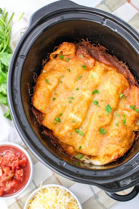 Top down view of Crockpot Chicken Enchiladas via @jugglingactmama Enchiladas Crockpot, Slow Cooker Chicken Recipe, Shredded Chicken Enchiladas, Crockpot Chicken Enchiladas, Top Down View, Easy Slow Cooker Chicken, Enchilada Soup, Red Enchilada Sauce, Chicken Slow Cooker Recipes