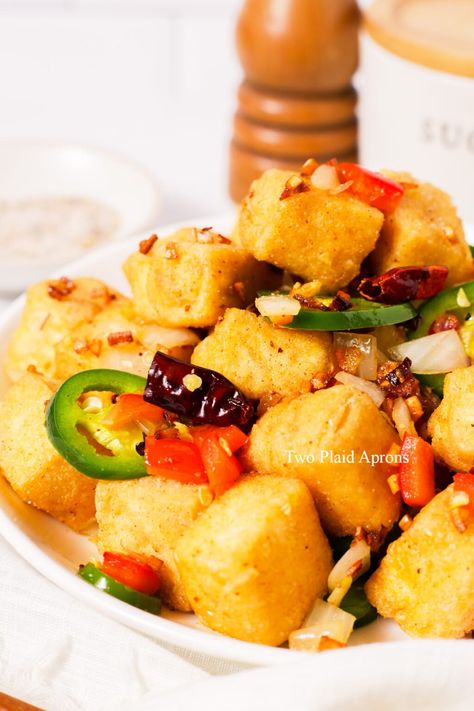 Salt and Pepper Tofu | Two Plaid Aprons Salt And Pepper Tofu Recipe, Salt And Pepper Tofu, Pepper Tofu, Plaid Apron, Tofu Recipes, Salt Pepper, Salt And Pepper, Salt, Plaid