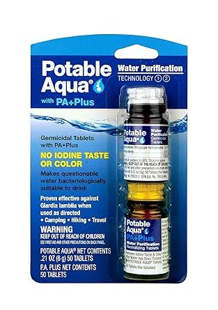 Amazon.com : Potable Aqua Water Purification Tablets with PA Plus, Portable and Effective Solution for Camping, Hiking, Emergencies, Natural Disasters and International Travel, Two 50ct Bottles : Camping Chemical Water Treaters : Sports & Outdoors Camping Water Purifier, Water Purification Tablets, Aquaguard Water Purifier, Water Purification, Tablet, Things To Sell