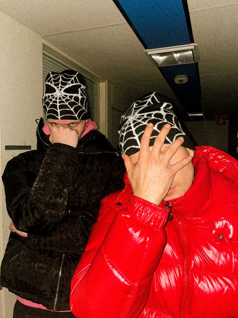 Two guys wearing jackets and beanies Spider Web Beanie Outfit, Spider Beanie Outfit, Spider Web Beanie, Web Beanie, Beanie Outfit, Crazy Outfits, Two Men, Spider Web, Outfit Ideas