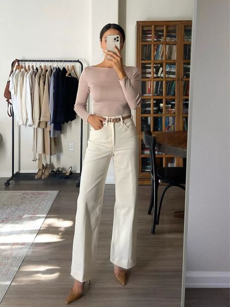 Meg Top - Ribbed Silk Jersey :: … curated on LTK Cream Pants Outfit, Spring Workwear, Spring Business Casual Outfits, Trendy Office Outfits, Young Adult Fashion, White Wide Leg Jeans, Spring Business Casual, Casual Professional, Corporate Attire