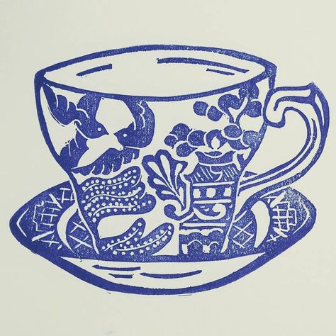 Asian Pottery, Fabric Logo, Teacup Pattern Tattoo, Blue Willow Tattoo, Willow Logo, Tea Cup Linocut, Blue Willow Pattern, Blue Willow China Tattoo, Blue Willow Cross Stitch Patterns