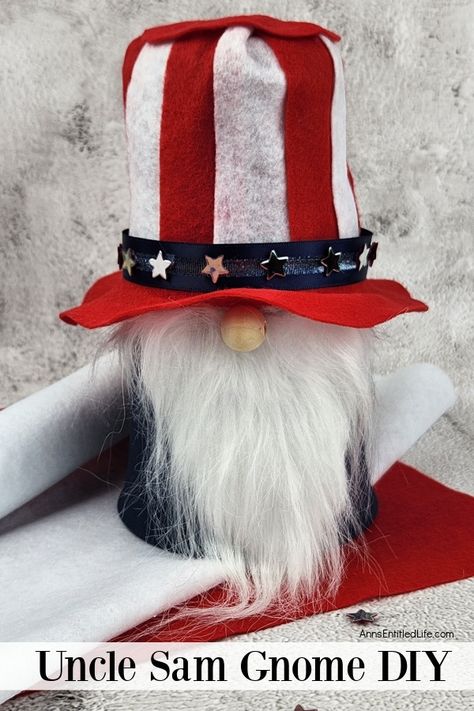 Patriotic Gnome Decor DIY - Great for the 4th of July. This adorable Uncle Same gnome is the perfect Patriotic Gnome Decor you can make yourself. Great for the 4th of July, Memorial Day, Veteran's Day, or any other United States patriotic holiday, this little gnome craft is easy-to-make and comes together quickly. 4th Of July Gnomes Diy, Gnome Craft, Patriotic Gnomes, Patriotic Hats, Hat Template, Gnome Decor, Veteran's Day, Gnome Hat, Gnomes Diy