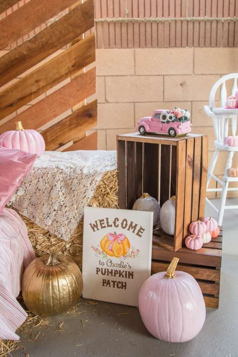 Sunflower And Pumpkin Birthday Party, Diy Pumpkin Birthday Decor, Pink Pumpkin Patch Birthday Party, Lil Pumpkin Birthday Party, Pink Pumpkin First Birthday Girl, Pumpkin First Birthday Decorations, Girly Fall Birthday Party, Pink Pumpkin Balloon Arch, Pink Pumpkin Patch