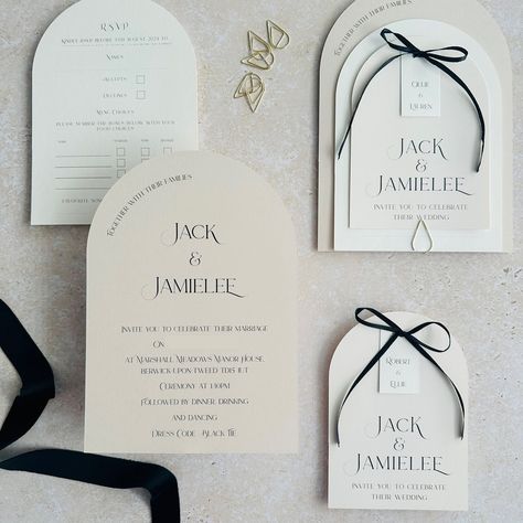 In love with these modern on trend wedding invitations I made recently for Jamielee & Jack. Make a lasting impression on your guests from the moment they open the envelope. Designed for modern couples who appreciate style and elegance. #blacktiewedding #blacktie #WeddingInvitations #ModernCouples #weddingbow #minimalistwedding #WeddingTrends2024 #Elegantinvites #weddinginspiration #bride #savethedate #londonbride #northeastbride #northumberlandwedding #rockmywedding #wedvibes #lovedupnorth Arch Invitation, Wedding Invatations, Modern Wedding Invitation Suite, London Bride, Shaped Cards, Pastel Wedding, Wedding Bows, Wedding Card Design, Modern Wedding Invitations