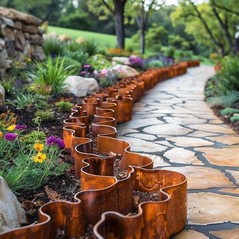 unique_garden_edging 5 Corrugated Metal Landscape Edging, Rusted Metal Garden Edging, Garden Border Shapes, Flagstone Garden Edging, Curved Garden Edging, Unique Garden Art Creative Ideas, Metal Edging Landscape, Patio Edging Ideas, Unique Garden Edging Ideas