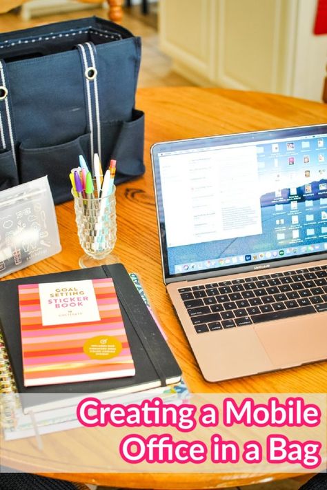 A Simple Mobile Office Setup | by Sweetpea Lifestyle Traveling Office Organization Ideas, Portable Desk Setup, Mobile Desk Setup, Portable Home Office, Mobile Office Organization, Portable Office Workstation, Mobile Office Ideas Car, Mobile Office Ideas, Portable Office Ideas