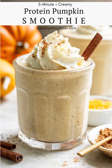 This is basically fall in a glass! Made with pumpkin puree, milk, Greek yogurt, chia seeds, the sweetness of ripe banana, a touch of pumpkin pie spice, and your favorite vanilla protein powder, this creamy, dreamy pumpkin smoothie is done in 5 minutes and will keep you full all morning. Pumpkin Vanilla Protein Shake, Yogurt Chia Seeds, Pumpkin Pie Breakfast, Natural Nurturer, Nutritional Food, Dessert Waffles, Veggie Smoothies, Sweet Smoothies, Pumpkin Smoothie