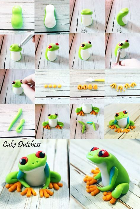 Frog Cake Topper, Polymer Clay Kunst, Frog Cake, Frog Crafts, Fondant Animals, Fondant Cake Toppers, Clay Crafts Air Dry, Polymer Clay Animals, Polymer Clay Diy