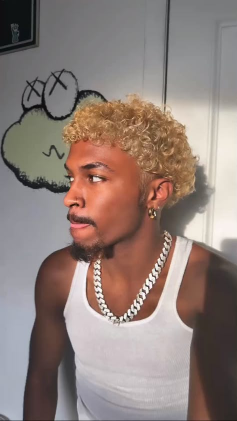 Ginger Hair Black Women With Blonde, Blonde Curly Hair Men Black, Blonde Afro Men, Curly Hair Dye Ideas Men, Drop Fade Waves, Men’s Dyed Hair Ideas, Guys With Colored Hair, Mens Blonde Hair, Black Men Blonde Hair