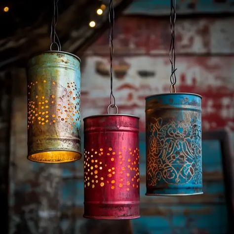 Recycled Tin Can Crafts Wind Chimes, Recycled Crafts Tin Cans, Upcycled Tuna Cans, Diy Tin Can Lanterns, How To Rust Tin Cans, Reusing Tin Cans, Recycled Cans Ideas, Soda Can Lanterns, Recycled Candle Holders