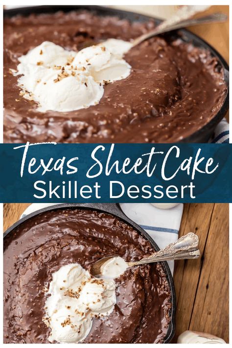 Texas Chocolate Sheet Cake is a classic, and this fun skillet version is just as gooey, chocolatey, and delicious! This easy chocolate cake recipe is just as easy as baking it in a sheet pan. Top this tasty skillet dessert with ice cream and dig in! #thecookierookie #chocolatecake #cake #dessert Grill Desserts, Brownie Skillet, Skillet Dessert, Texas Chocolate Sheet Cake, Cast Iron Skillet Recipes Dinner, Easy Chocolate Cake Recipe, Skillet Cookies, Skillet Desserts, Cast Iron Skillet Cooking