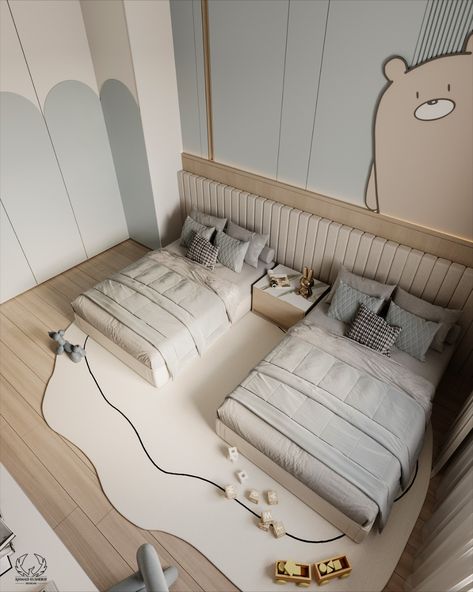 Cute double bedroom for boys! It's decorated in relaxing beige and blue tones, a wooden floor, and bright, quirky decorations. Ideal for dreams and discoveries. Kids Room Design For 2, Kids Room Double Bed, 2 Beds In One Room Ideas Aesthetic, Room For 2 Boys, Bedroom For 2 Boys, 2 Boys Bedroom Ideas, Kids Bedroom Minimalist, Kids Room Design Boys Bedroom Ideas, Double Bedroom Ideas