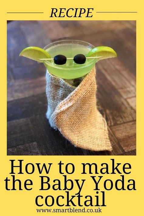 baby yoda cocktail with title and yellow background. Yoda Cocktail, Star Wars Drinks, Famous Babies, Cocktail Syrups, May The Fourth, Party Food Platters, May The 4th Be With You, Jello Shots, Star Wars Yoda