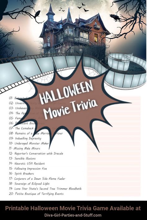 Printable Halloween Movie Trivia Game Pin Halloween Movie Trivia And Answers, Halloween Movie Trivia, Trivia Games For Adults, Disney Halloween Movies, Movie Trivia Games, Girl Parties, Movie Trivia, Game Name, Spooky Movies