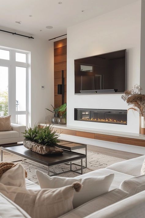 Sleek Linear Fireplace Ideas with TV Above Side By Side Fireplace And Tv, Mantel Above Electric Fireplace, Huge Tv Over Fireplace, 80 Inch Tv Over Fireplace, Fireplace Tv Wall Decor Living Rooms, Flameless Fireplace Ideas, Linear Fireplace Ideas With Tv, Rectangle Gas Fireplace, Modern Linear Fireplace Wall