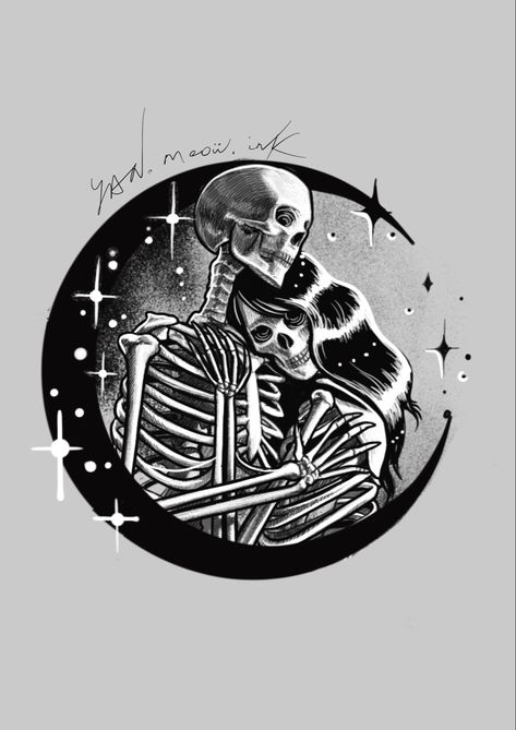 Skeleton Bride Tattoo, Bride And Groom Skeleton Tattoo, Skeleton Wedding Tattoo, Skeleton Lovers Art, Skeleton Family Tattoo, Skeleton Moon Tattoo, Skeleton Couple Tattoo Romantic, Skeleton Couple Aesthetic, Skeleton Love Tattoo