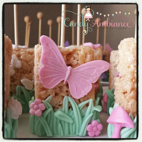 Butterfly rice crispies treats Fairy Rice Krispie Treats, Butterfly Birthday Dessert Table, Butterfly Rice Krispie Treats, Fairy Treats Desserts, Butterfly Theme Treats, Fairy Treats, Butterfly Treats, Butterfly Desserts, Rice Krispie Treats Decorated