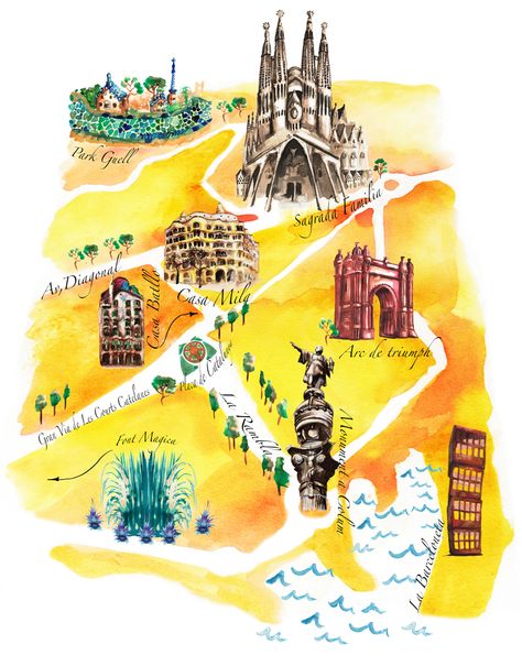 Barcelona Map Illustration, Adventure Quotes Wanderlust, Barcelona Map, Travel Map Diy, Map Of Spain, Map Illustration, Travel Words, English Fun, Travel Icon