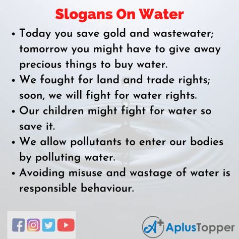 #APlusTopper #SlogansOnWater #UniqueSlogansOnWater #CatchySlogansOnWater Clean Water And Sanitation Quotes, Slogan On Save Water, Water Conservation Slogans, Pollution Activities Worksheets, Save Water Slogans, Water Slogans, Pollution Activities, Slogan Writing, Importance Of Water