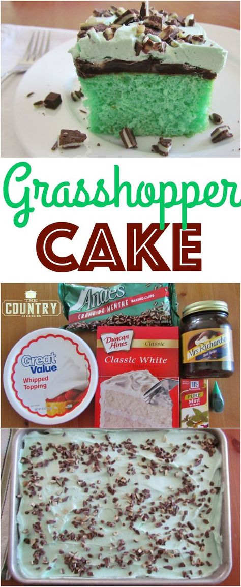 Andes Mint Poke Cake, Grasshopper Cake Recipe, Grasshopper Cake, Hot Fudge Sauce, Country Cook, The Country Cook, Fudge Sauce, Poke Cake, No Cook Desserts