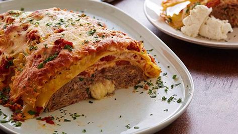 Meatloaf Lasagna Recipe | Food Network Kitchen | Food Network Meatloaf Lasagna, Basil Bread, Tv Recipes, Lasagna Rolls, Sweet Rolls, Beef Chuck, No Noodle Lasagna, Plum Tomatoes, Lasagna Recipe