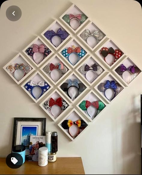 Disney Furniture Home Decor, Wall E Disney Ears, Displaying Mickey Ears On Wall, Displaying Disney Ears, Disney Ear Display Wall, Disney Movie Room Ideas, Disney Picture Display Ideas, Displaying Mickey Ears, Mouse Ear Storage