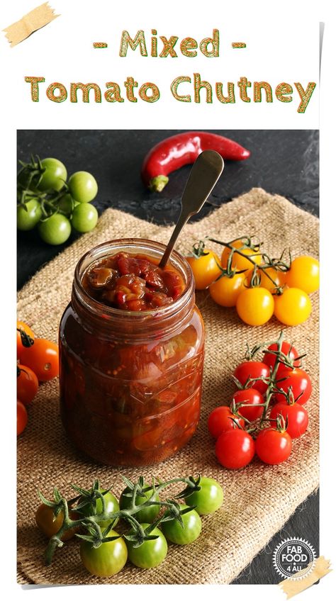 Mixed Tomato Chutney with a chilli kick. An utterly delicious way to preserve ripe and green cherry tomatoes! Ingredients include red chilli, sultanas, muscovado sugar plus red & white wine vinegar! #tomatochutney #tomatochutneyrecipes #tomatochutneyrecipeshomemade #tomatochutneyrecipessimple #mixedtomatochutney #greentomatorecipes #greentomatochutney Green Cherry Tomatoes, Green Tomato Chutney Recipe, Chilli Chutney Recipes, Green Tomato Relish, Indian Chutney Recipes, Tomato Chutney Recipe, Green Tomato Recipes, Cherry Tomato Recipes, Tomato Relish