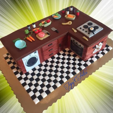 Kitchen cake by Felis Toporascu Kitchen Cake Design, Kitchen Theme Cake, Anti Gravity Cake, Birthday Cake Write Name, Chef Cake, Cake Designs For Kids, Cookie Recipes Decorating, Tea Cup Cake, Realistic Cakes