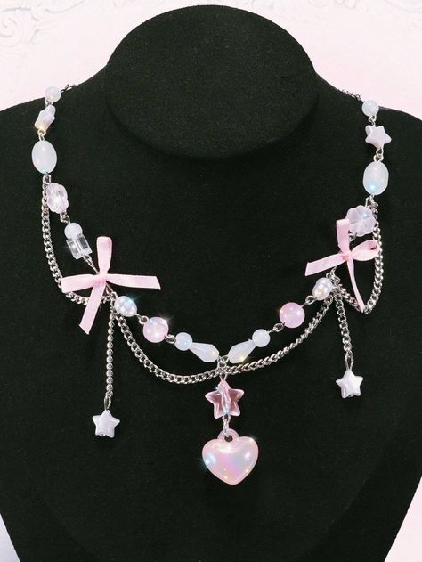 ROMWE Kawaii 1pc Cute Heart & Five-pointed Star & Bowknot Pendant Necklace | SHEIN USA Kawaii Necklace, Women Pendant, Five Pointed Star, Cute Heart, Blue Necklace, Shell Pendant, Shell Necklaces, Stainless Steel Necklace, Necklace Earring Set