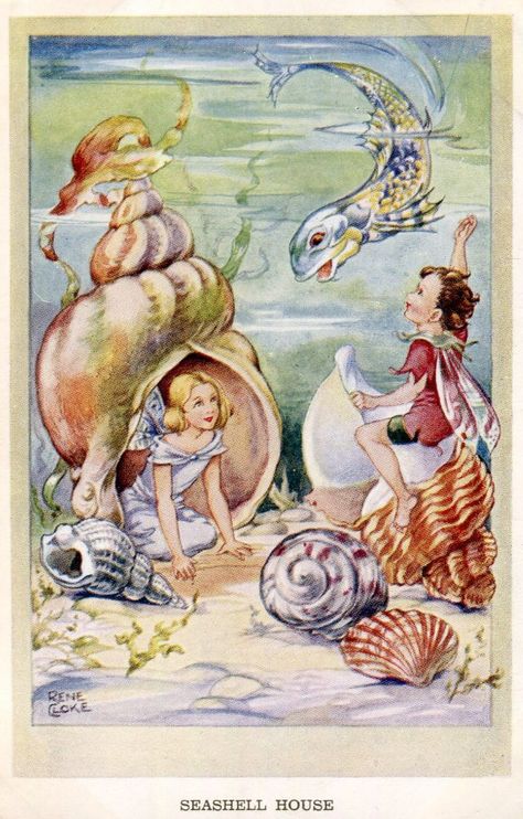 Seashell House, Valentine Fairy, Mermaid Fabric, Fairy Illustration, Vintage Mermaid, Mermaid Print, Flower Fairies, Fairy Art, Fairy Land