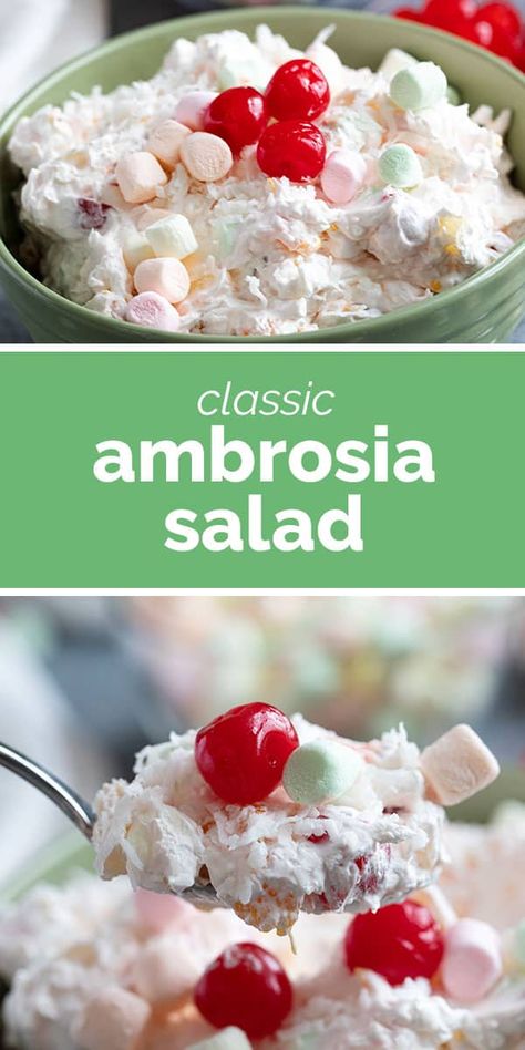 A classic fruit salad, this Ambrosia Salad is filled with oranges, pineapple, coconut, cherries, and marshmallows mixed in a whipped cream mixture. Thanksgiving Desserts Cheesecake, Fruit Salad With Marshmallows, Ambrosia Recipe, Snickers Salad, Ambrosia Fruit Salad, Cranberry Salad, Ambrosia Salad, Fruit Salad Recipes, Pineapple Coconut