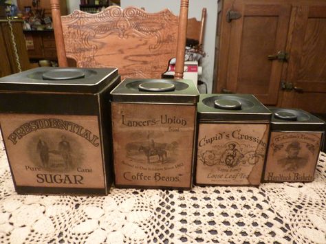 primitized wooden canisters Coffee Canister Ideas Diy, Farmhouse Canisters For Kitchen, Things Made Of Wood, Farmhouse Canisters For Kitchen Michaels Stores, Modern Kitchen Canisters, Decorative Kitchen Canisters, Farmhouse Kitchen Canisters, Wooden Canisters, Farmhouse Canisters