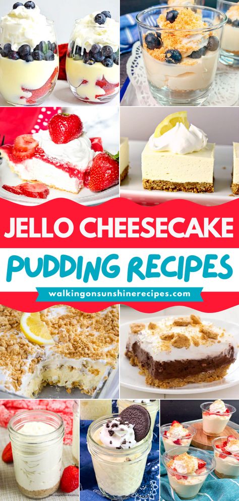 Calling all Jello Cheesecake Pudding lovers! You don't want to miss out on these simple sweet treats in the flavors of lemon, berry, chocolate, Oreo, peppermint, and more. Plus, most of these easy dessert recipes are no-bake! Easy Desserts With Jello Pudding, Walking Cheesecake Dessert, Cold Pudding Desserts, Boxed Pudding Recipes, Jello Cheesecake Pudding Recipes Cool Whip, Desserts With Jello Pudding, Easy Christmas Jello Desserts, Cheesecake With Jello, Pudding Jello Desserts