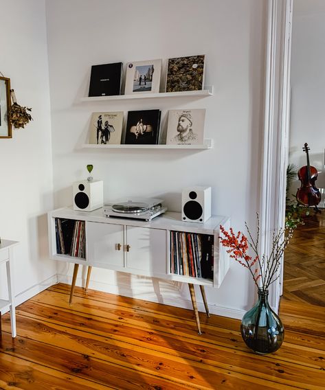 This IKEA KALLAX hack is now a chic record player stand | Livingetc | Ikea Vinyl Storage, Vinyl Record Room, Vinyl Room, Record Room, First Apartment Decorating, Ikea Kallax, Kallax Ikea, Vinyl Storage, Home Cinema