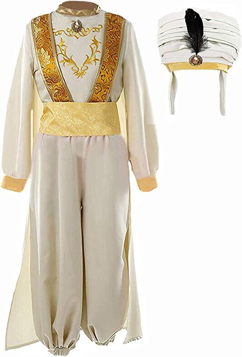 Beige Clothes, Aladdin Musical, Bat Halloween Costume, Arabian Costume, Prince Ali, Aladdin Costume, Prince Clothes, Prince Costume, Feather Hat