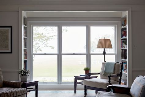 Like these large windows with bookshelves in the bump out. Traditional Architect, Living Room Painting, Bedroom Redesign, Classic Window, Double Hung Windows, Room Painting, Classic Living Room, White Windows, Home Addition