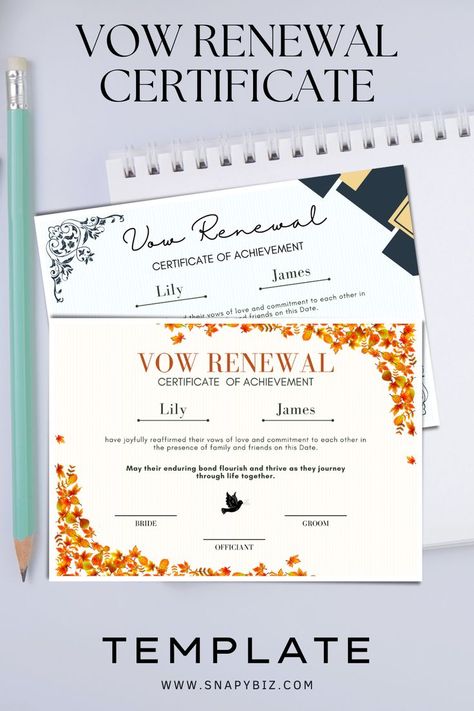 A stylish and customizable vow renewal certificate template with elegant design elements for a personalized touch. Vow Renewal Certificate, Wedding Certificate Template, Certificate Of Marriage, Wedding Certificate, Certificate Of Achievement, Marriage Certificate, Lily James, Printable Wedding, Certificate Templates