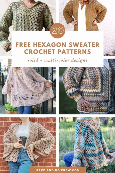 Crochet A Hexagon, Crochet Sweater Ideas, Hexagon Sweater, Free Crochet Sweater Patterns, Free Crochet Sweater, Hexagon Crochet Pattern, Hexagon Cardigan, Make And Do Crew, Crochet Cardigan Pattern Free