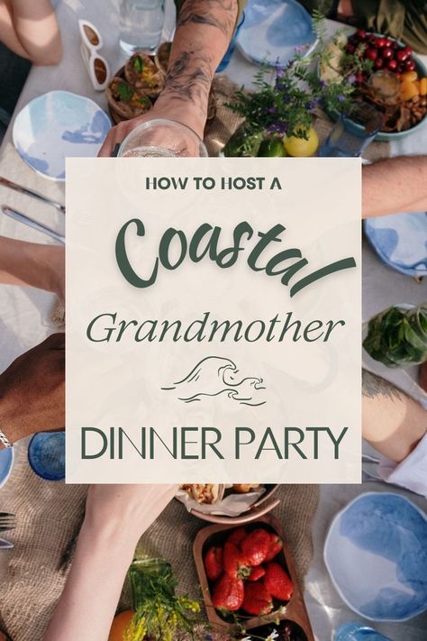 🌊 The coastal grandmother aesthetic is the vibe of the summer. Check out how you can elevate your next dinner party with this theme (beach house in Nantucket not needed)! #DinnerParty #Hosting #Hostess #CoastalGrandmother #Wine Beach Dinner Party Food, Coastal Grandmother Food, Coastal Grandma Dinner Party, Coastal Grandmother Party Decor, New England Dinner Party, Nantucket Theme Party, Coastal Grandma Party Decor, Nantucket Dinner Party, Coastal Grandmother Dinner Party