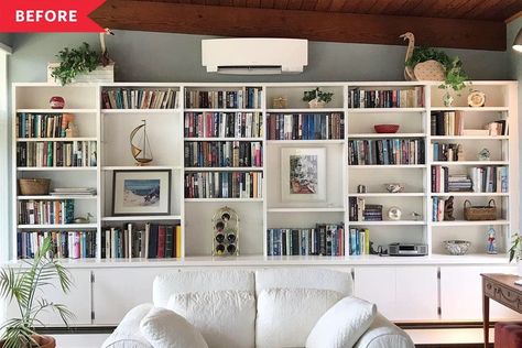 Before and After: A Bold Living Room Bookshelf Transformation for Less than $100 Built In Bookshelves Around Art, Wall To Wall Bookshelf Ideas, Modern Bookshelves Living Room, Full Wall Bookcase Living Room, Full Wall Open Shelving, White Wall Cabinets Living Room, Bookshelves Wall To Wall, Whole Wall Shelves Living Room, White Library Wall