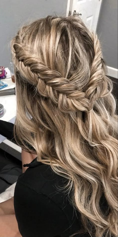 messy double dutch fishtail braids into half-up half-down Braid Wedding, Down Wedding Hairstyles, Half Up Half Down Wedding, Half Up Half Down Hair Prom, Half Up Half Down Hairstyles, Prom Hair Down, Bridesmaid Hair Half Up, Prom Hairstyles For Long Hair, Homecoming Hair Down