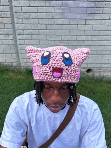 Y2k Kirby, Kirby Beanie, Pastel Outfit Men, Hat Outfit Men, Custom Jeans Diy, Y2k Beanie, Y2k Hat, Dope Fits, Pastel Outfit