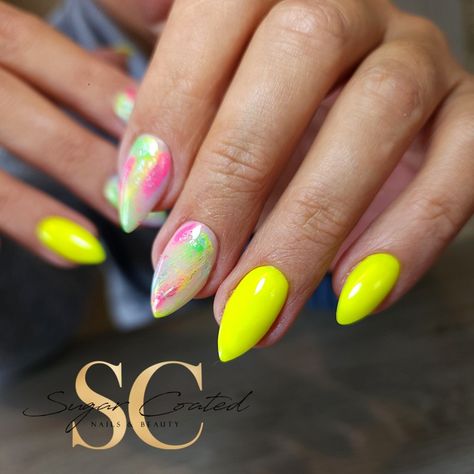 Neon Yellow Almond Nails Designs, Neon Yellow Almond Nails, Colorful Nails Almond, Yellow Almond Nails, Sugar Coat Nails, Neon Yellow Nails, Nails Bright, Nails Colorful, Colorful Nails