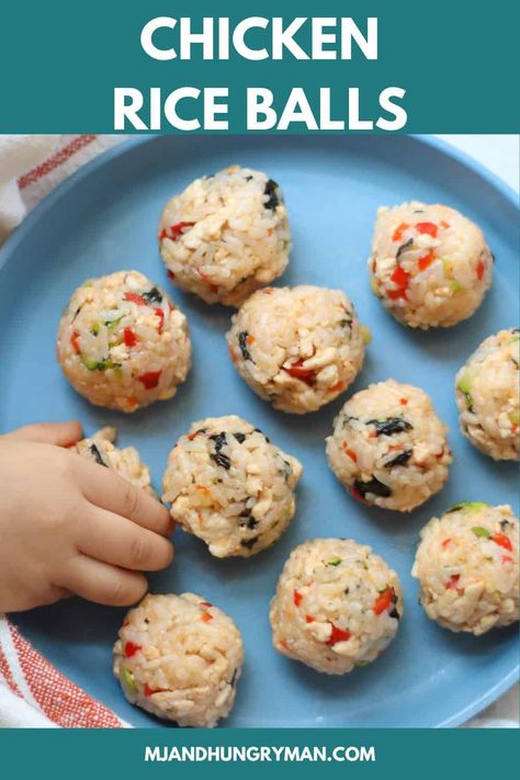 These chicken rice balls are packed with tender chicken and flavorful rice and vegetables. Enjoy these adorable little bites as a quick snack, a fun party appetizer, or a scrumptious meal.rn Blw Rice Balls, Chicken Recipe For Toddler, Ground Chicken Baby Food Recipes, Toddler Rice Recipes, Real Little Meals, Rice Balls For Kids, Chicken Recipe For Kids, Chicken Rice Balls, Blueberry Food