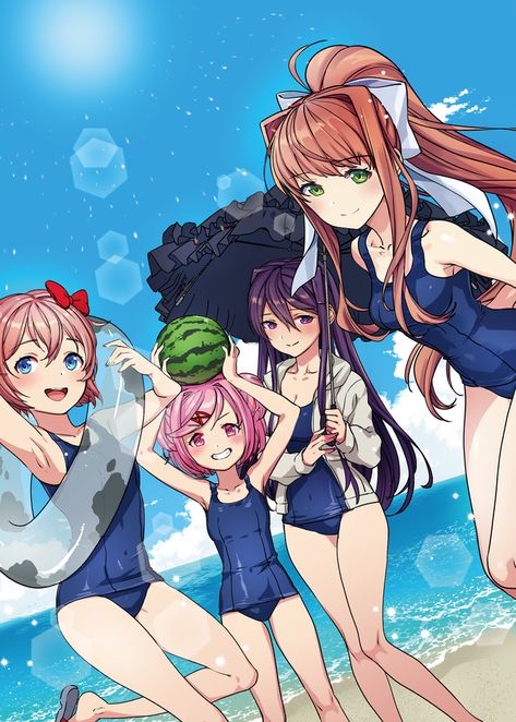 The Girls at the Beach (from the Japanese DDLC Fanbook) : r/DDLC Girls At The Beach, Natsuki Ddlc, Very Beautiful Images, Oki Doki, Doki Doki Literature Club, Psychological Horror, Cute Games, Doki Doki, Cartoons Series